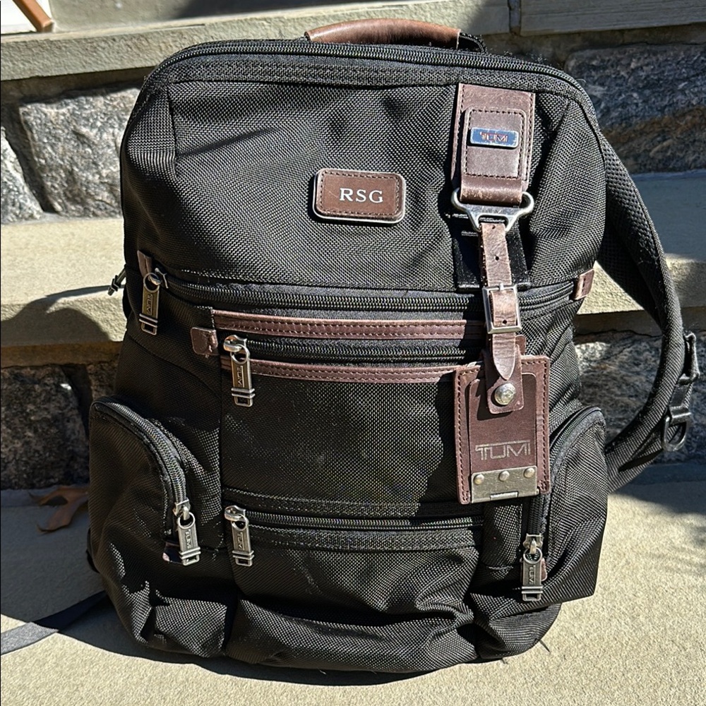 TUMI Knox Black Backpack / Ballistic Nylon with Brown Leather Trim